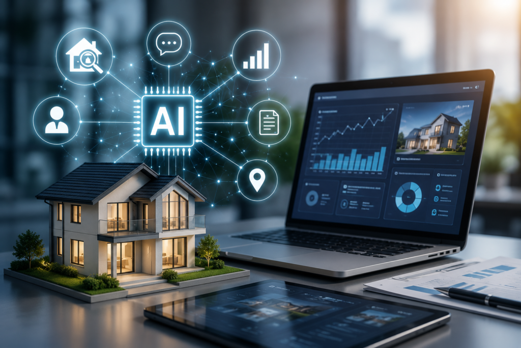 AI-powered real estate technology dashboard with smart home model, analytics, automation tools, and digital marketing solutions for real estate agencies in 2026.