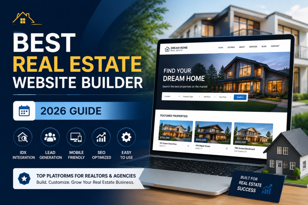 Best Real Estate Website Builder 2026 featuring a modern realtor website with IDX integration, SEO tools, lead generation features, and mobile-friendly design.