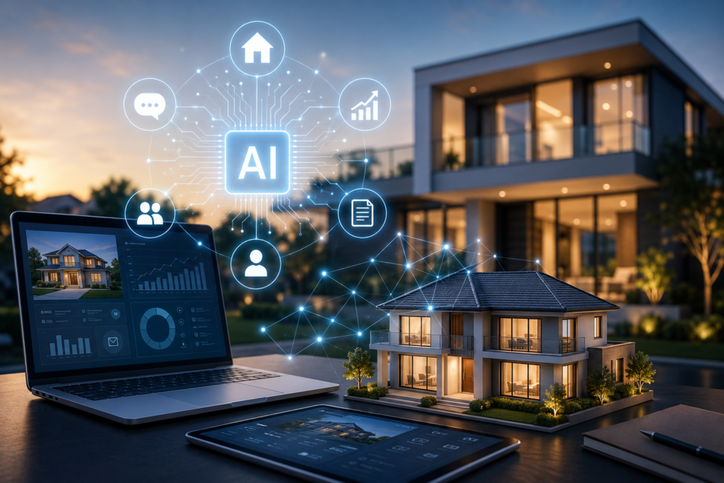AI-powered real estate technology dashboard with smart home model, analytics, automation tools, and digital marketing solutions for real estate agencies in 2026.