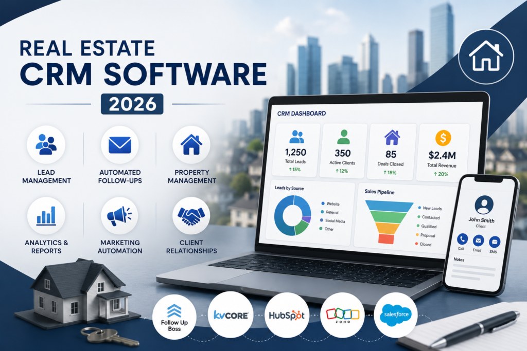 Professional featured image showing Real Estate CRM software dashboard, property icons, lead management, marketing automation, and CRM tools for real estate agents and brokers in the USA for 2026.