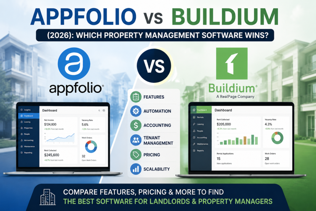 AppFolio vs Buildium property management software comparison showing features, pricing, automation, accounting, tenant management, and scalability in 2026.