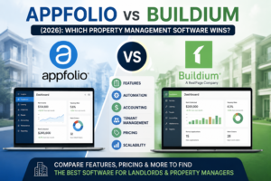 AppFolio vs Buildium property management software comparison showing features, pricing, automation, accounting, tenant management, and scalability in 2026.