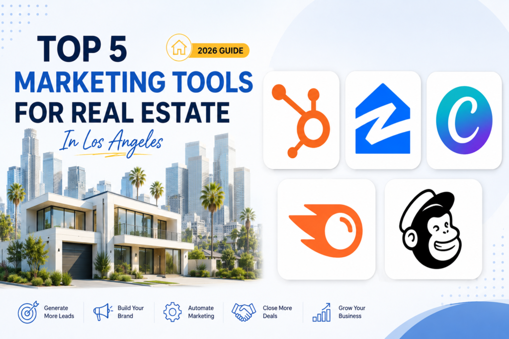 Modern light-themed infographic showing leading real estate marketing tool logos with a clean design for Los Angeles real estate professionals.