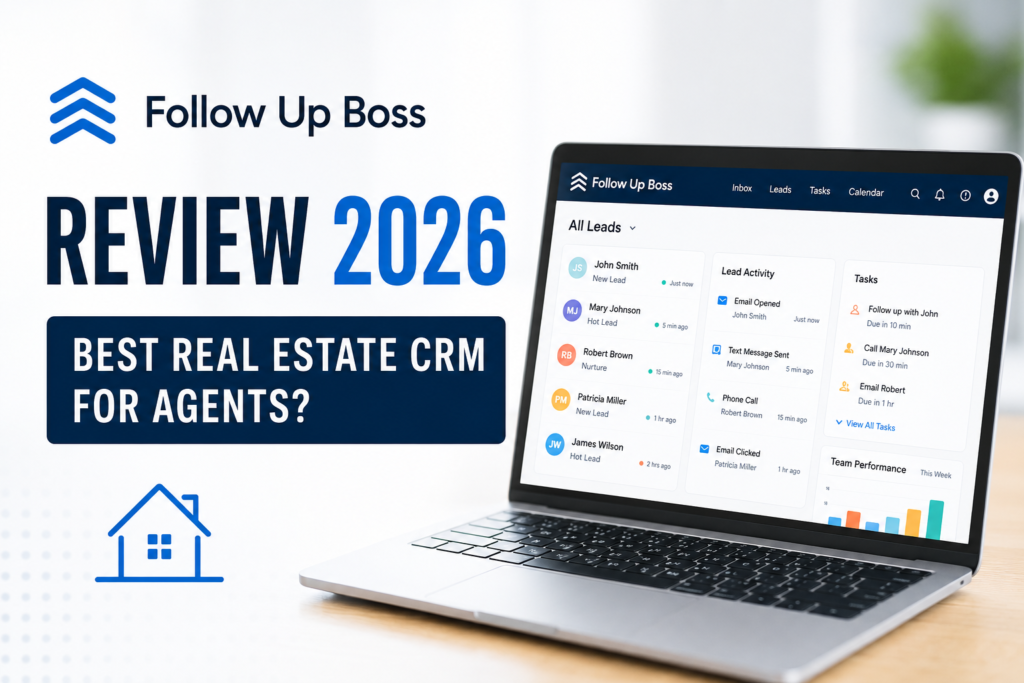 Follow Up Boss CRM dashboard displayed on a laptop with review 2026 text, showcasing lead management and real estate agent automation features.