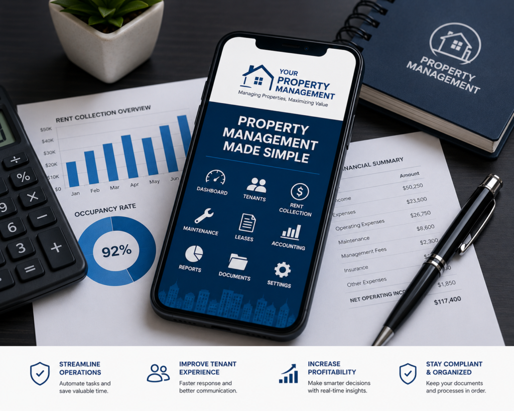 Property management SOP template dashboard on smartphone with leasing, rent collection, maintenance, accounting, and reporting icons for U.S. property managers