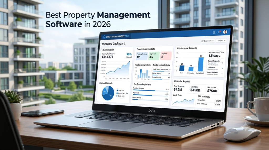 Laptop displaying a property management software dashboard with rent collection, tenant screening, maintenance requests, financial reports, and analytics for real estate management in 2026.