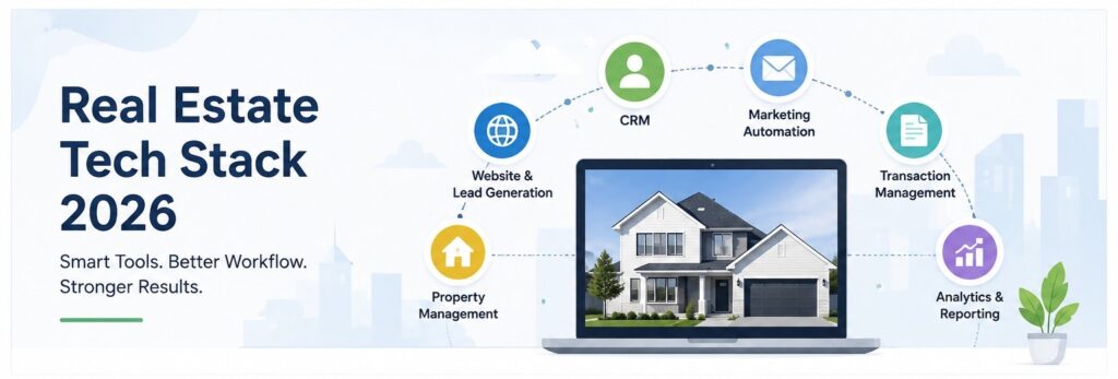 Laptop displaying a real estate website with CRM, marketing, transaction management, analytics, communication, and automation tools connected in a modern real estate technology ecosystem.