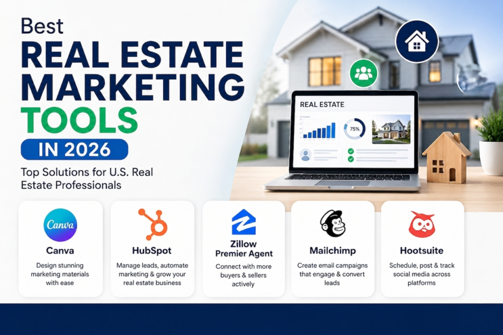 Best real estate website builders including Wix, Squarespace, WordPress, Placester, and Agent Image displayed on a modern real estate website design.
