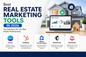 Best real estate website builders including Wix, Squarespace, WordPress, Placester, and Agent Image displayed on a modern real estate website design.